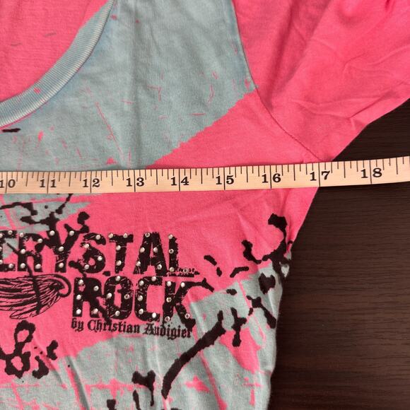 Christian Audigier Y2K Shirt Womens Large Crystal Rock Tokyo Sun Cherry Blossom - Picture 11 of 13